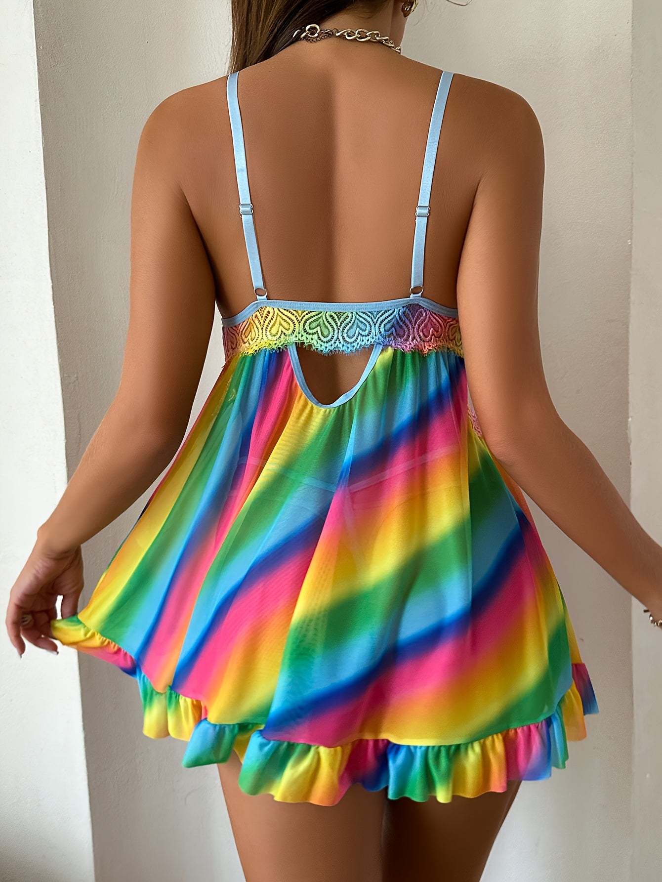 Elegant Rainbow Lace & Mesh Slip Dress Set with Front Closure - Includes Thong, Stretchy Polyester Blend, Semi-Sheer - Perfect for Women